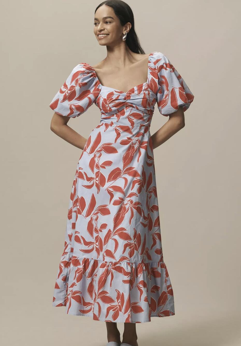 English Factory Puff-Sleeve Tie-Back Cotton Midi Dress